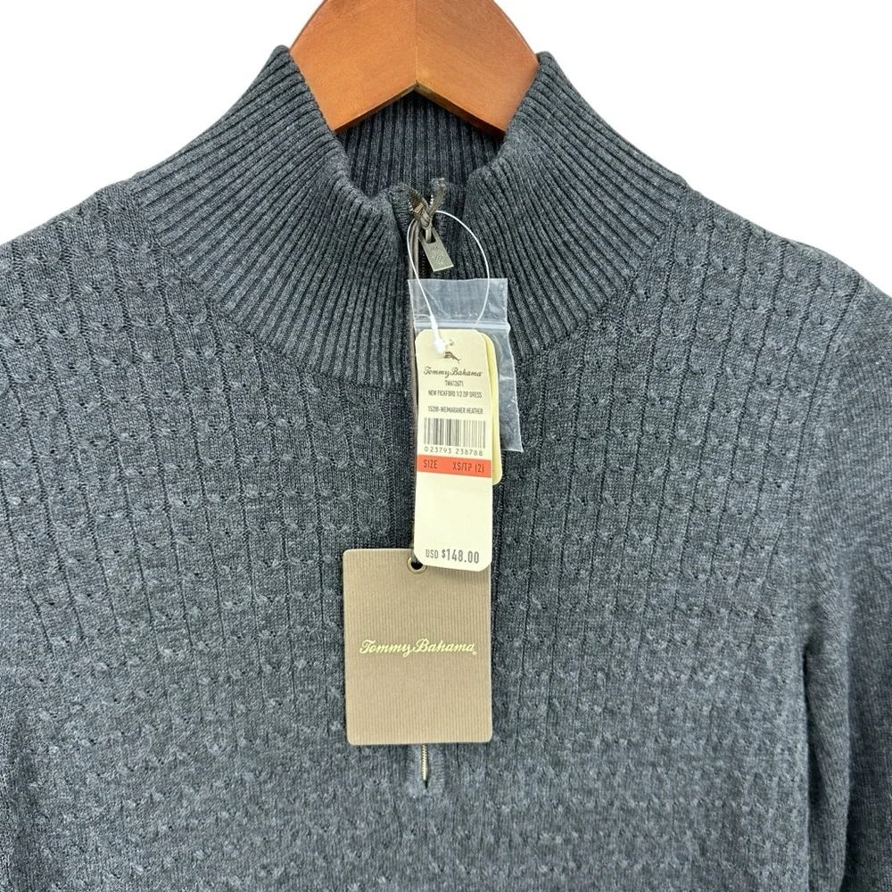 New TOMMY BAHAMA Sweater Dress Pickford Cable Knit Half-Zip Gray - Picture 4 of 6